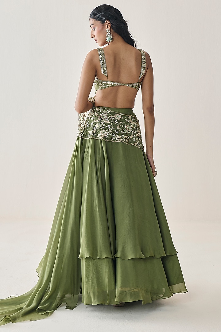 Mehendi Green Georgette Aari Hand Embellished Wedding Lehenga Saree Set by Seema Thukral at Pernia's Pop Up Shop