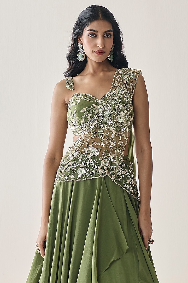 Mehendi Green Georgette Aari Hand Embellished Wedding Lehenga Saree Set by Seema Thukral at Pernia's Pop Up Shop