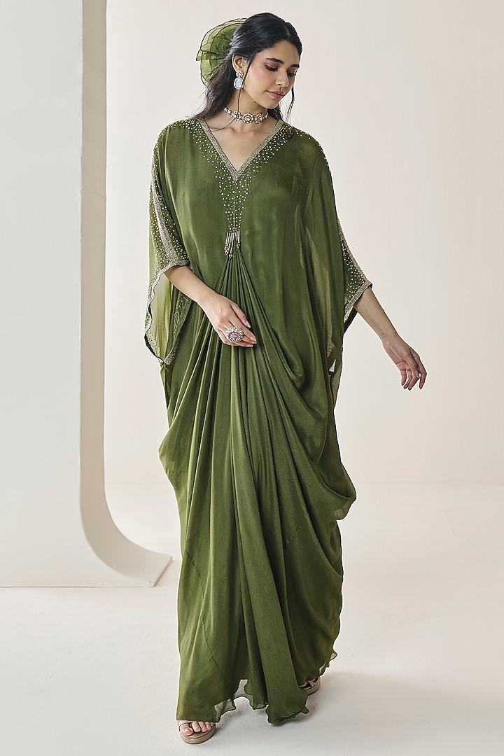Mehendi Green Chiffon Aari Hand Embellished Pre-Draped Kaftan by Seema Thukral at Pernia's Pop Up Shop