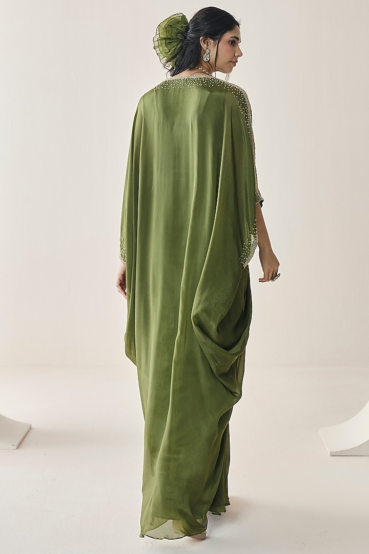 Mehendi Green Chiffon Aari Hand Embellished Pre-Draped Kaftan by Seema Thukral at Pernia's Pop Up Shop