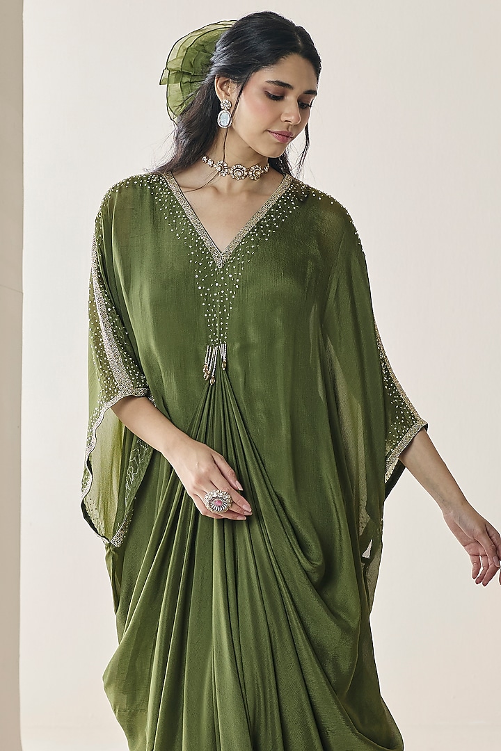Mehendi Green Chiffon Aari Hand Embellished Pre-Draped Kaftan by Seema Thukral at Pernia's Pop Up Shop