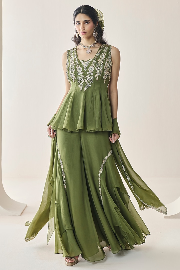 Mehendi Green Organza Handkerchief Wedding Sharara Set by Seema Thukral at Pernia's Pop Up Shop