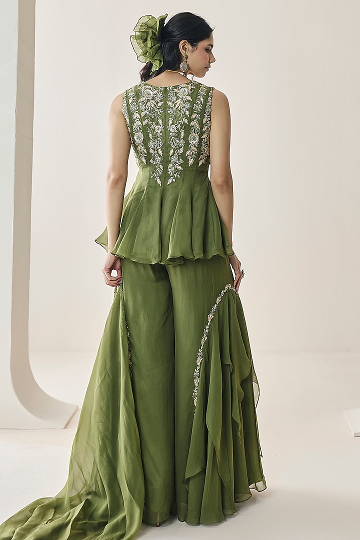 Mehendi Green Organza Handkerchief Wedding Sharara Set by Seema Thukral at Pernia's Pop Up Shop
