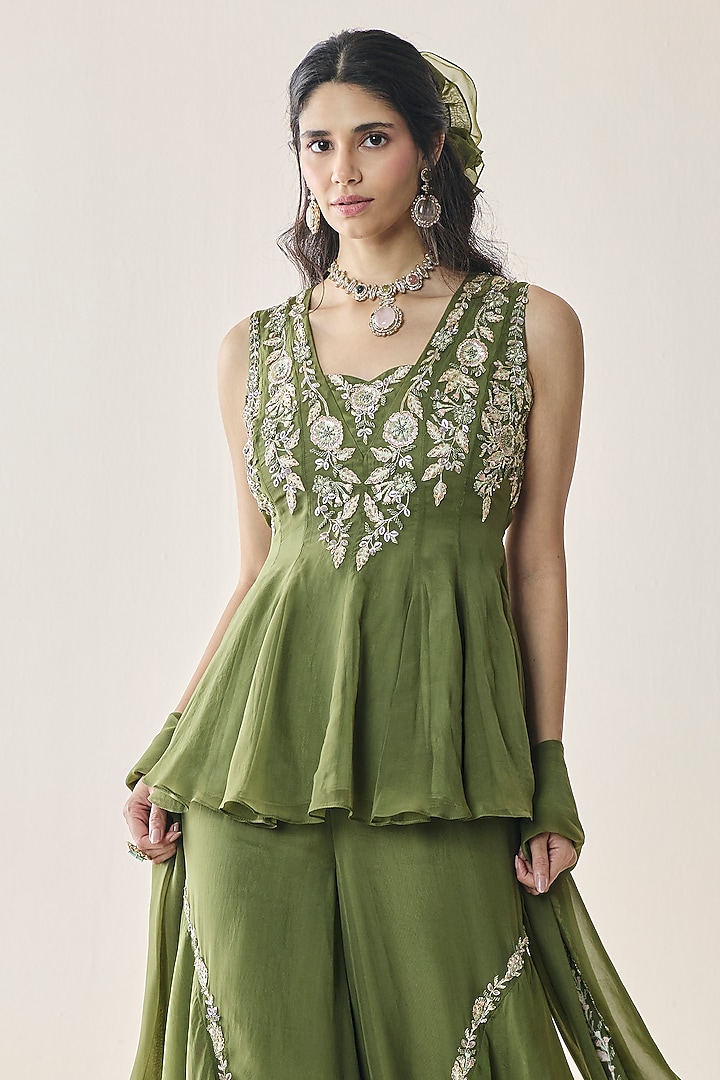 Mehendi Green Organza Handkerchief Wedding Sharara Set by Seema Thukral at Pernia's Pop Up Shop