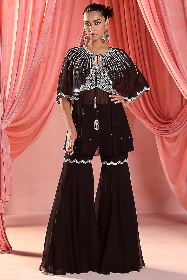 Black Georgette Pearl & Mirror Hand Embroidered Cape Set by Seema Thukral at Pernia's Pop Up Shop