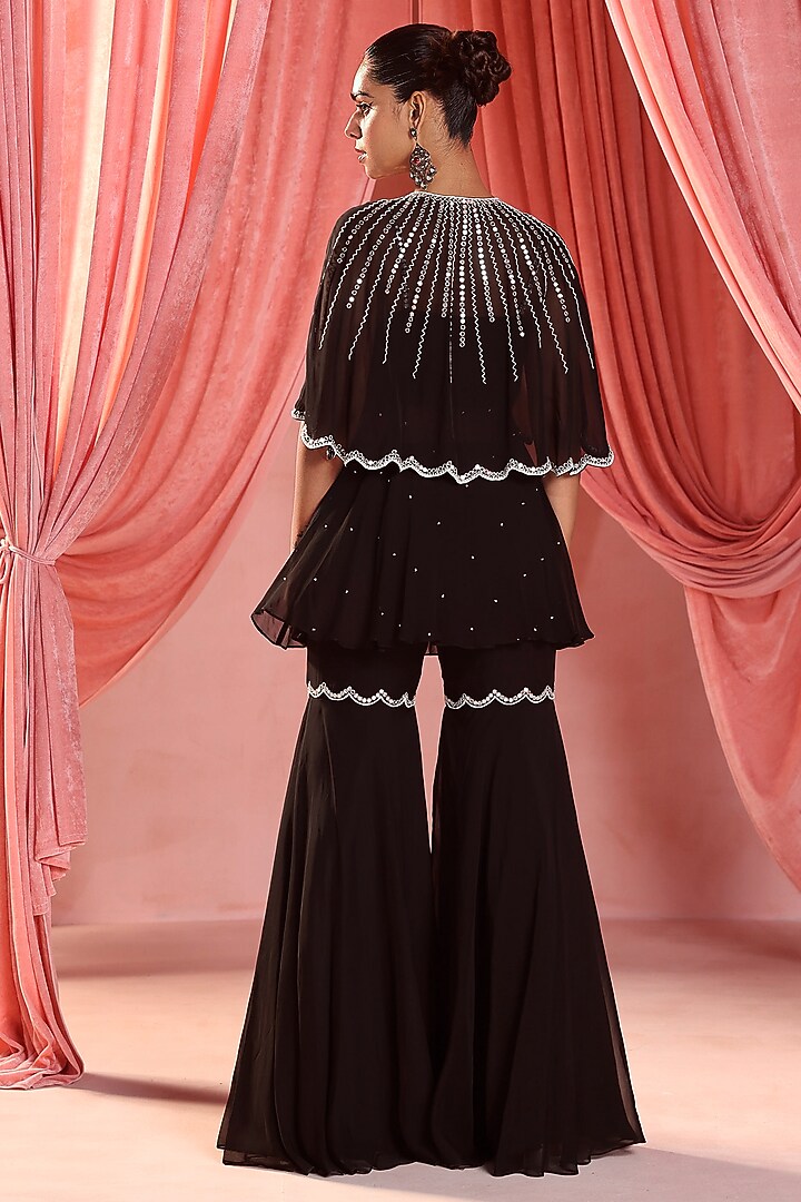 Black Georgette Pearl & Mirror Hand Embroidered Cape Set by Seema Thukral at Pernia's Pop Up Shop