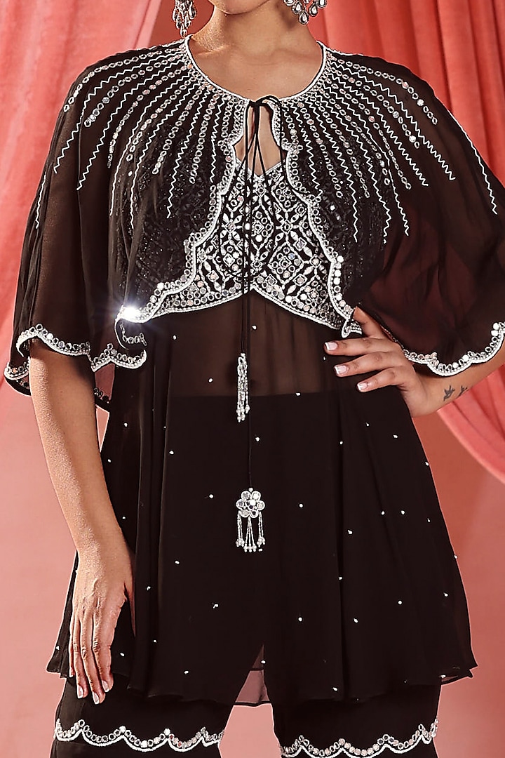 Black Georgette Pearl & Mirror Hand Embroidered Cape Set by Seema Thukral at Pernia's Pop Up Shop