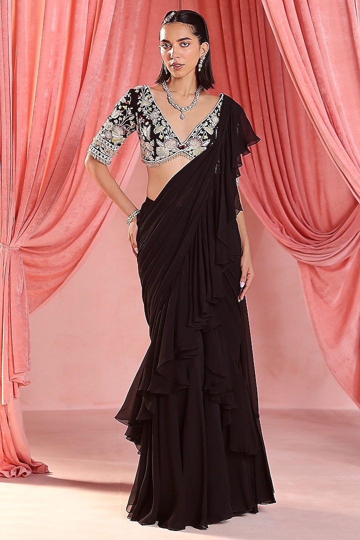 Black Organza Pre-Stitched Ruffled Saree Set by Seema Thukral at Pernia's Pop Up Shop