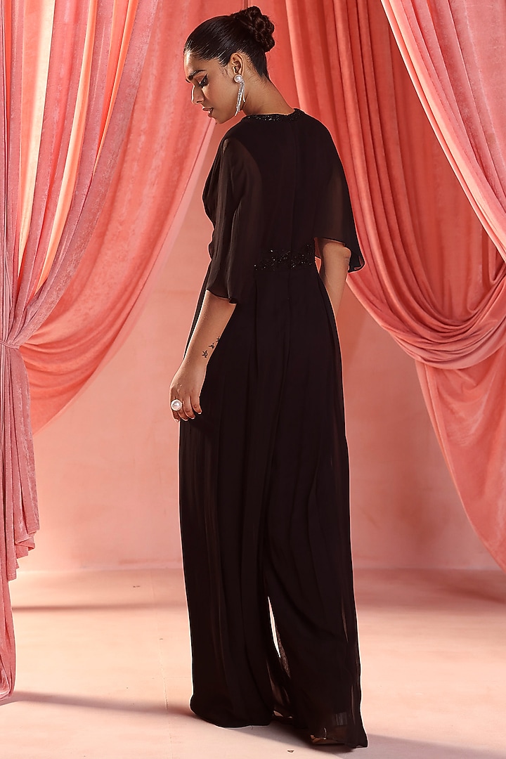 Black Georgette Sequins & Glass Beads Embroidered Draped Jumpsuit by Seema Thukral at Pernia's Pop Up Shop