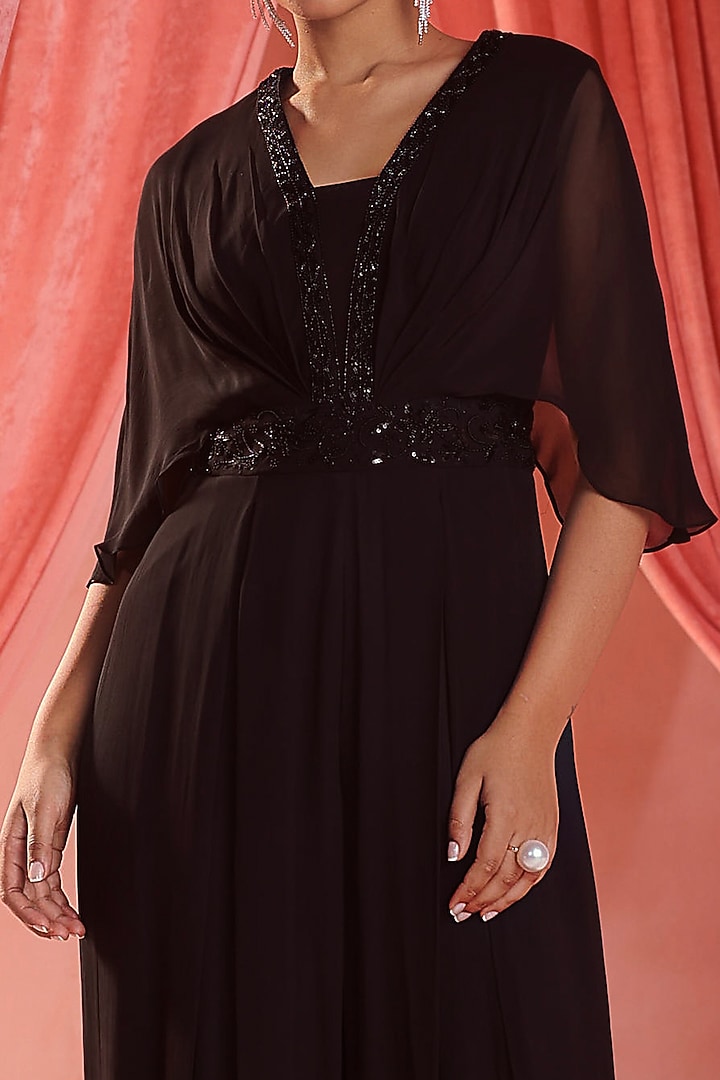 Black Georgette Sequins & Glass Beads Embroidered Draped Jumpsuit by Seema Thukral at Pernia's Pop Up Shop