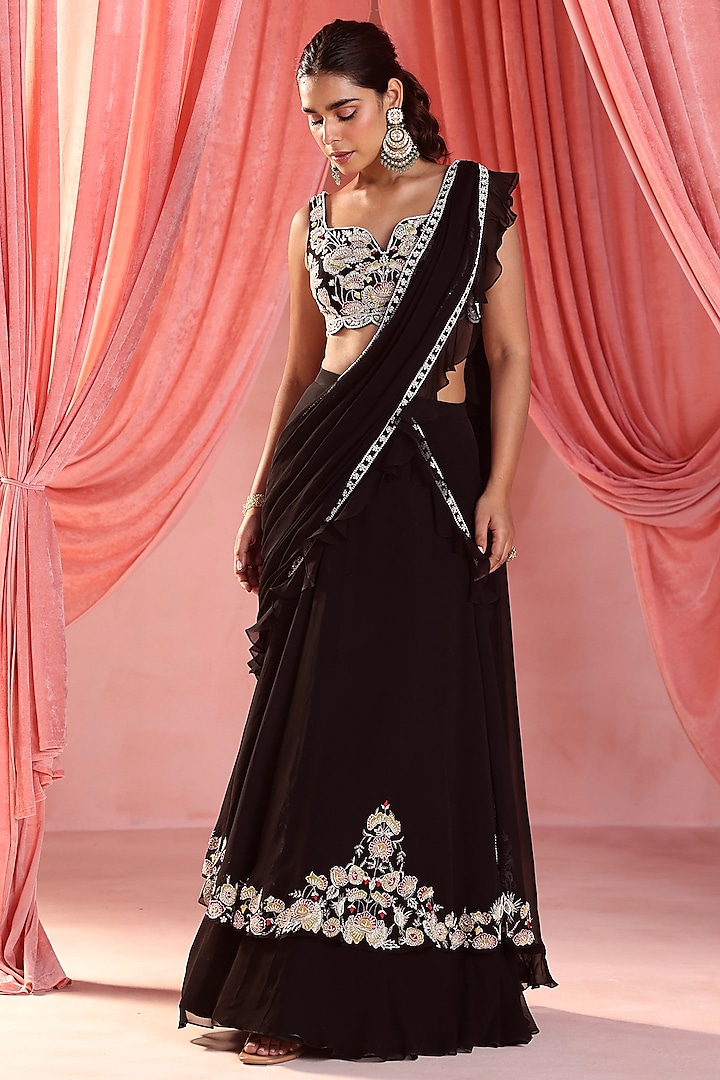 Black Applique Embroidered Saree Set Design by Ashima Leena at
