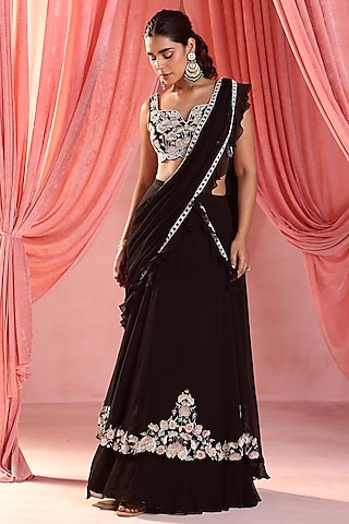 Black Georgette & Organza Pre-Stitched Embellished Lehenga Saree Set by Seema Thukral