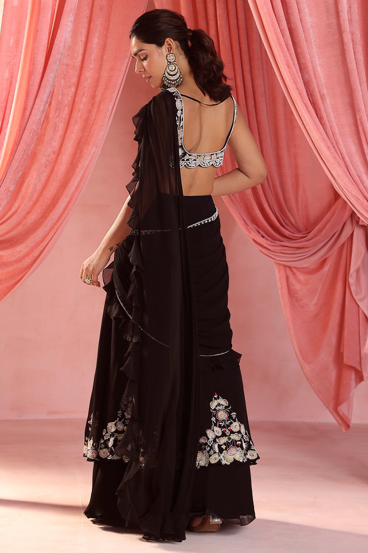 Buy Black Chiffon Pre-stitched Magnolia Saree With Embroidered Blouse For  Women by Isha Gupta Tayal Online at Aza Fashions.