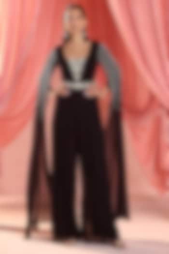 Black Georgette Crystal & Zari Embroidered Draped Jumpsuit by Seema Thukral at Pernia's Pop Up Shop