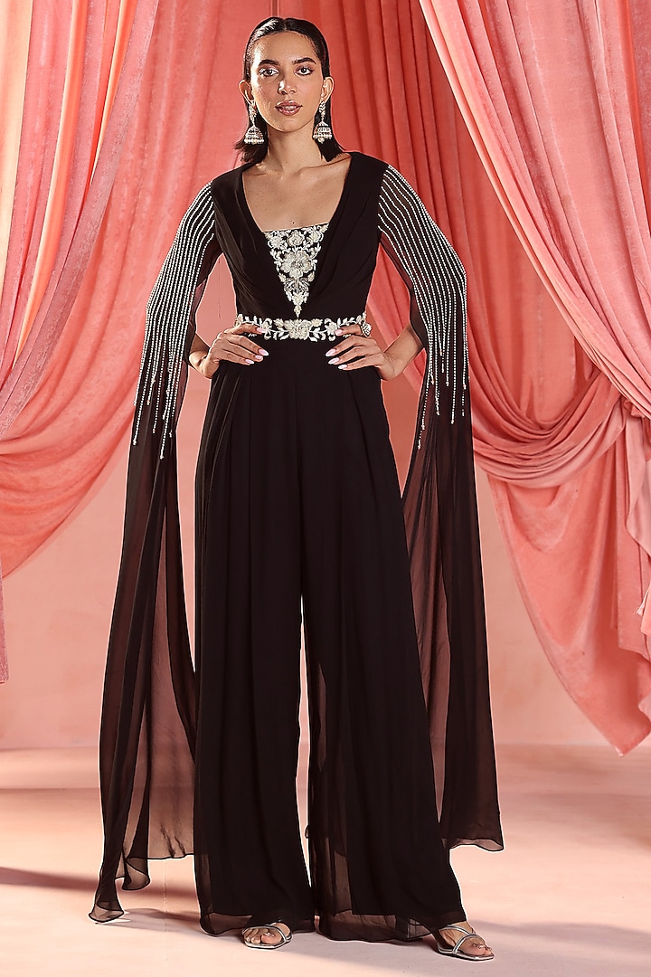 Black Georgette Crystal & Zari Embroidered Draped Jumpsuit by Seema Thukral at Pernia's Pop Up Shop