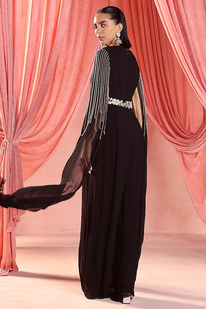 Black Georgette Crystal & Zari Embroidered Draped Jumpsuit by Seema Thukral at Pernia's Pop Up Shop