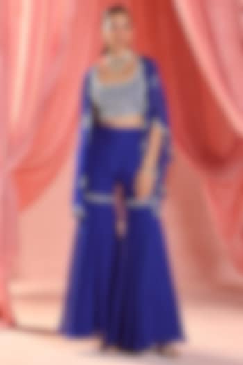 Electric Blue Organza Sequins & Pearl Embroidered Cape Set by Seema Thukral at Pernia's Pop Up Shop