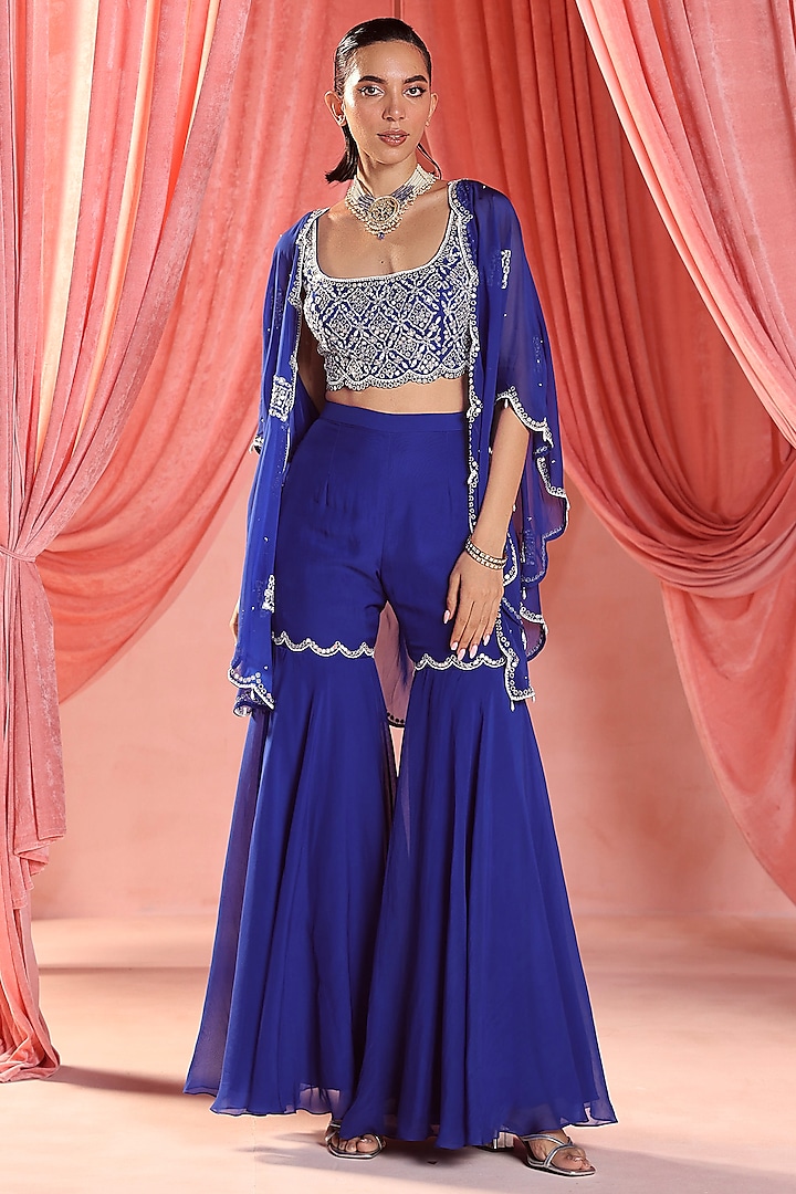 Electric Blue Organza Sequins & Pearl Embroidered Cape Set by Seema Thukral at Pernia's Pop Up Shop