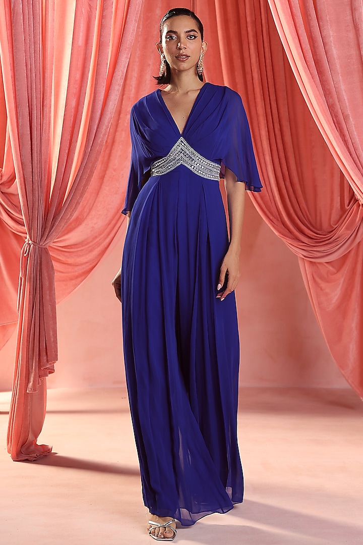 Electric Blue Georgette Resham & Thread Embroidered Draped Jumpsuit by Seema Thukral