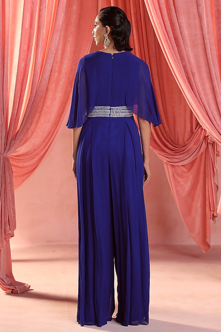 Electric Blue Georgette Resham & Thread Embroidered Draped Jumpsuit by Seema Thukral at Pernia's Pop Up Shop