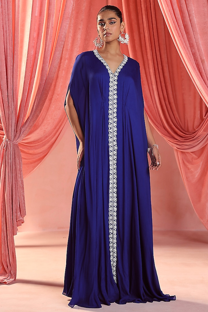 Electric Blue Chiffon Crystals & Sequins Embellished Kaftan by Seema Thukral at Pernia's Pop Up Shop