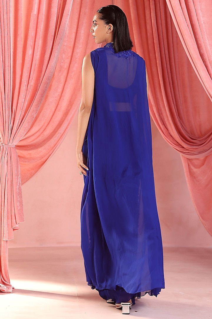 Electric Blue Organza Pre-Stitched Ruffled Wedding Saree Set by Seema Thukral at Pernia's Pop Up Shop