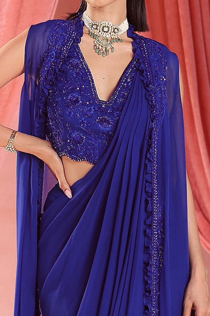 Electric Blue Organza Pre-Stitched Ruffled Wedding Saree Set by Seema Thukral at Pernia's Pop Up Shop