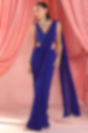 Electric Blue Georgette Pre-Draped Saree Set by Seema Thukral at Pernia's Pop Up Shop