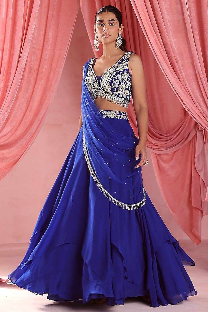 Electric Blue Organza Embellished Asymmetric Wedding Lehenga Set by Seema Thukral at Pernia's Pop Up Shop