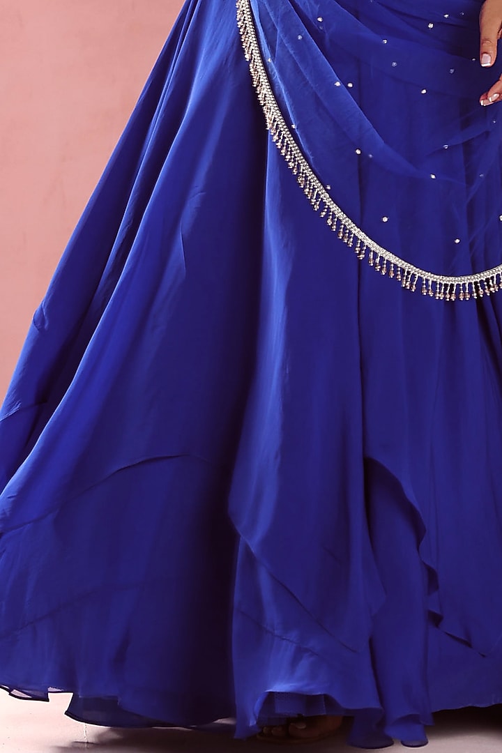 Electric Blue Organza Embellished Asymmetric Wedding Lehenga Set by Seema Thukral at Pernia's Pop Up Shop