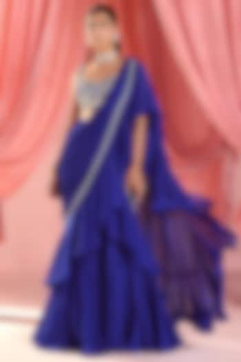 Electric Blue Georgette & Organza Ruffled Pre-Draped Saree Set by Seema Thukral
