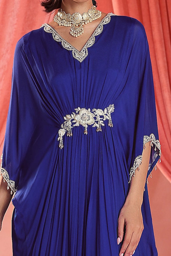Electric Blue Chiffon Pearl & Sequins Embellished Kaftan by Seema Thukral at Pernia's Pop Up Shop