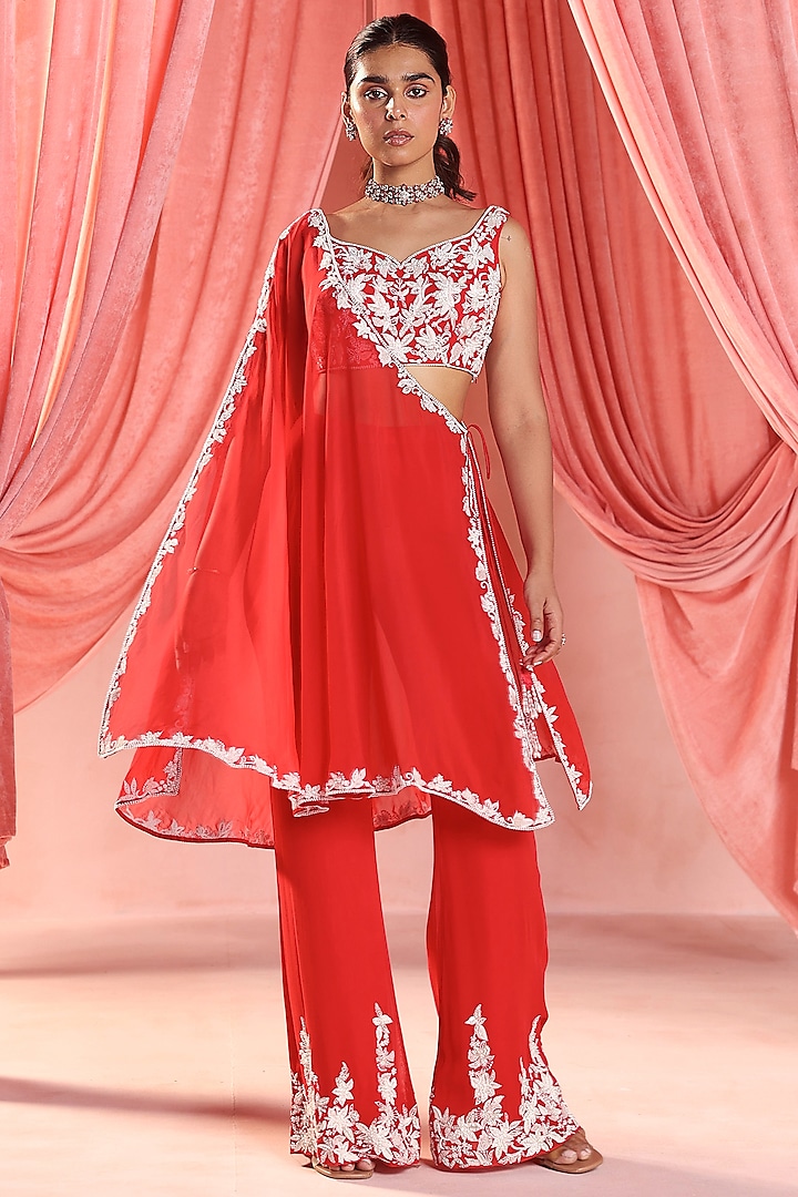 Red Organza Pearl & Crystal Embellished Cape Set by Seema Thukral at Pernia's Pop Up Shop