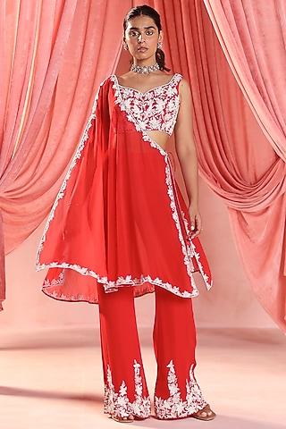 Red Organza Pearl & Crystal Embellished Cape Set by Seema Thukral