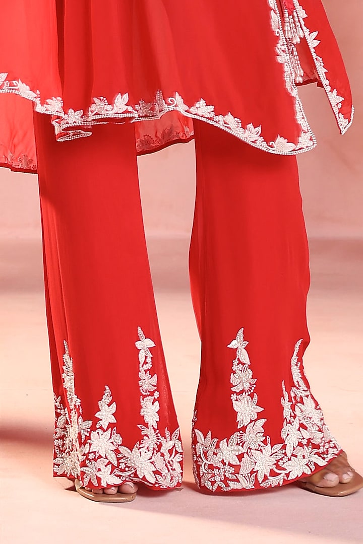 Red Organza Pearl & Crystal Embellished Cape Set by Seema Thukral at Pernia's Pop Up Shop