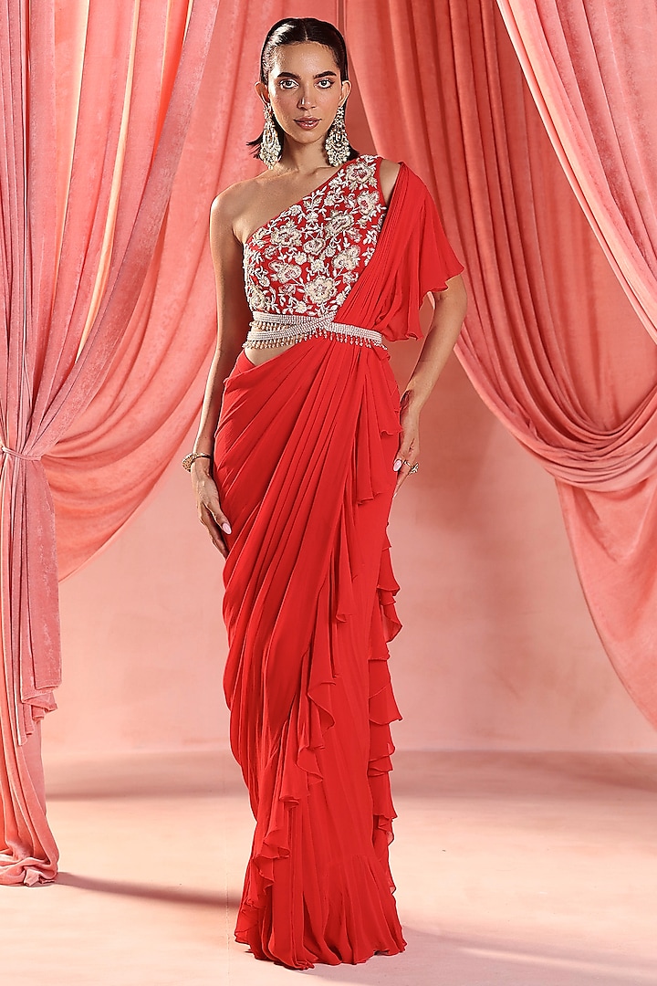 Red Georgette Pre-Stitched Ruffled Saree Set by Seema Thukral