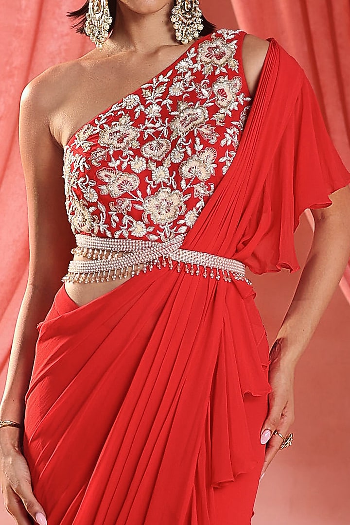 Red Georgette Pre-Stitched Ruffled Wedding Saree Set by Seema Thukral at Pernia's Pop Up Shop
