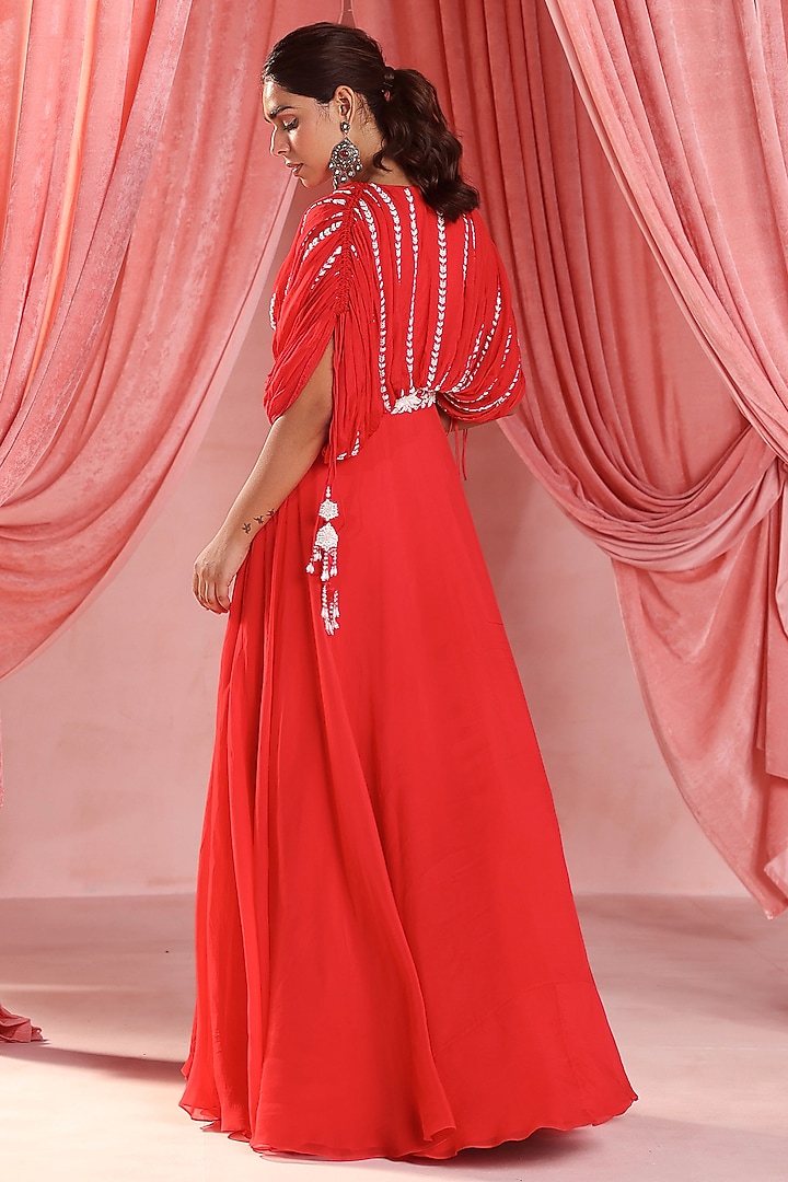 Red Chiffon & Organza Tassels Embellished Wedding Anarkali by Seema Thukral at Pernia's Pop Up Shop