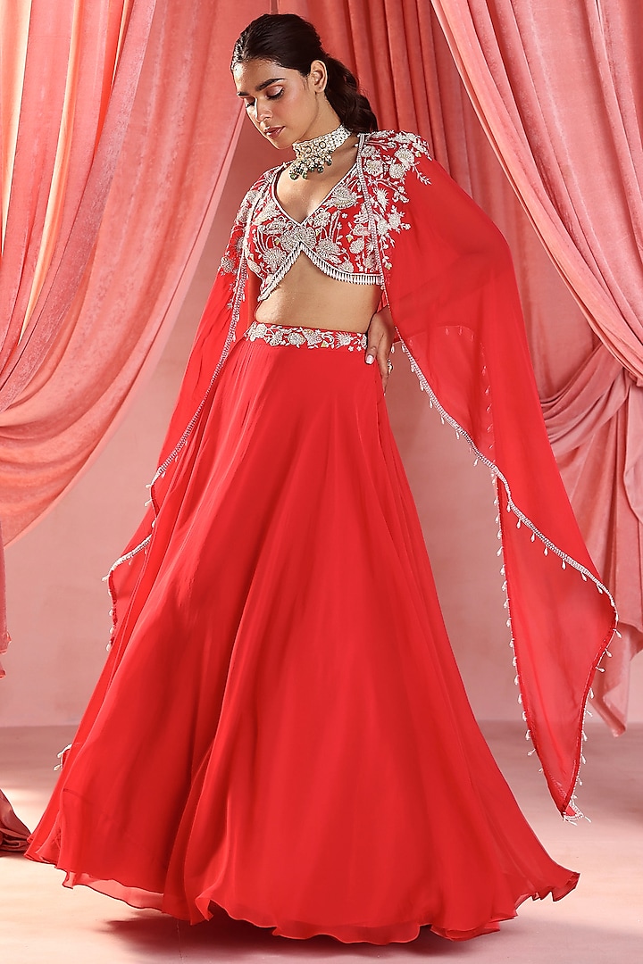 Red Organza Embellished Skirt Set by Seema Thukral
