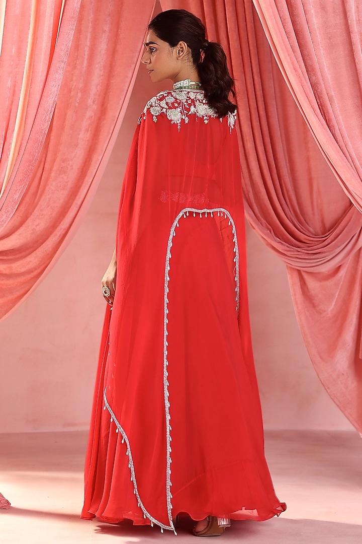 Red Organza Embellished Skirt Set by Seema Thukral at Pernia's Pop Up Shop