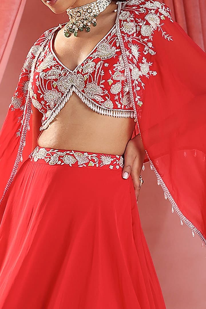 Red Organza Embellished Skirt Set by Seema Thukral at Pernia's Pop Up Shop