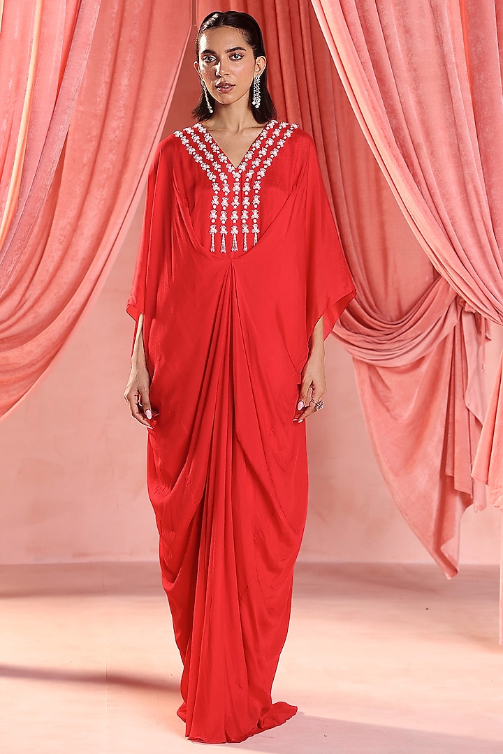 Red Chiffon Crystals & Sequins Embellished Kaftan by Seema Thukral
