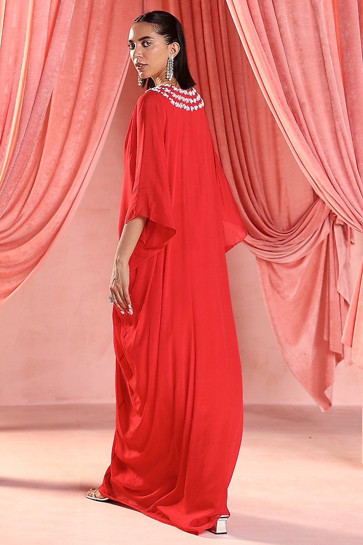 Red Chiffon Crystals & Sequins Embellished Kaftan by Seema Thukral at Pernia's Pop Up Shop