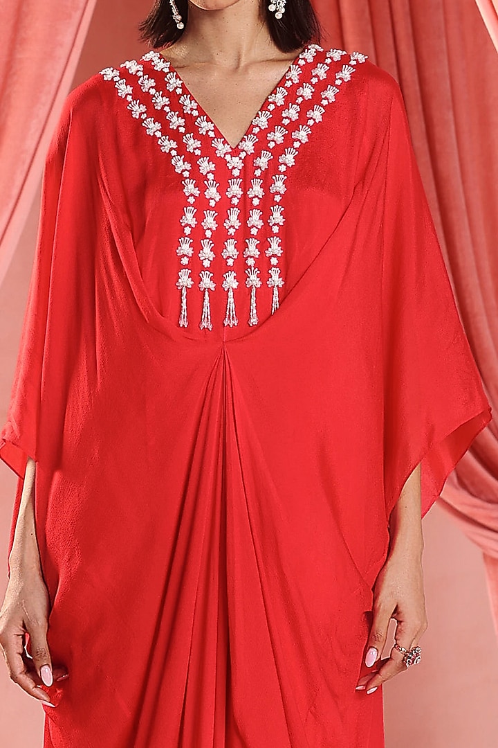 Red Chiffon Crystals & Sequins Embellished Kaftan by Seema Thukral at Pernia's Pop Up Shop