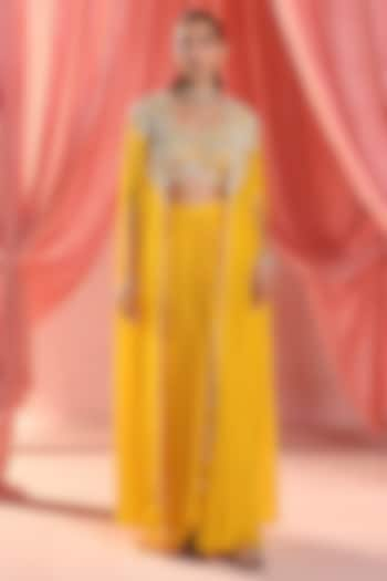 Mustard Organza Pearl & Crystal Embellished Cape Set by Seema Thukral at Pernia's Pop Up Shop