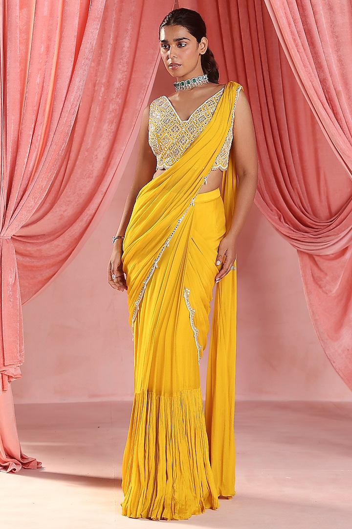 Mustard Chiffon Embellished Pre-Stitched Saree Set by Seema Thukral