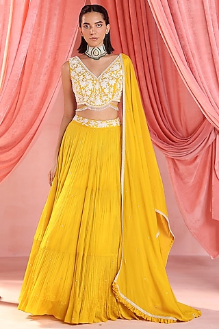 Mustard Chiffon Embellished Tiered Lehenga Set by Seema Thukral