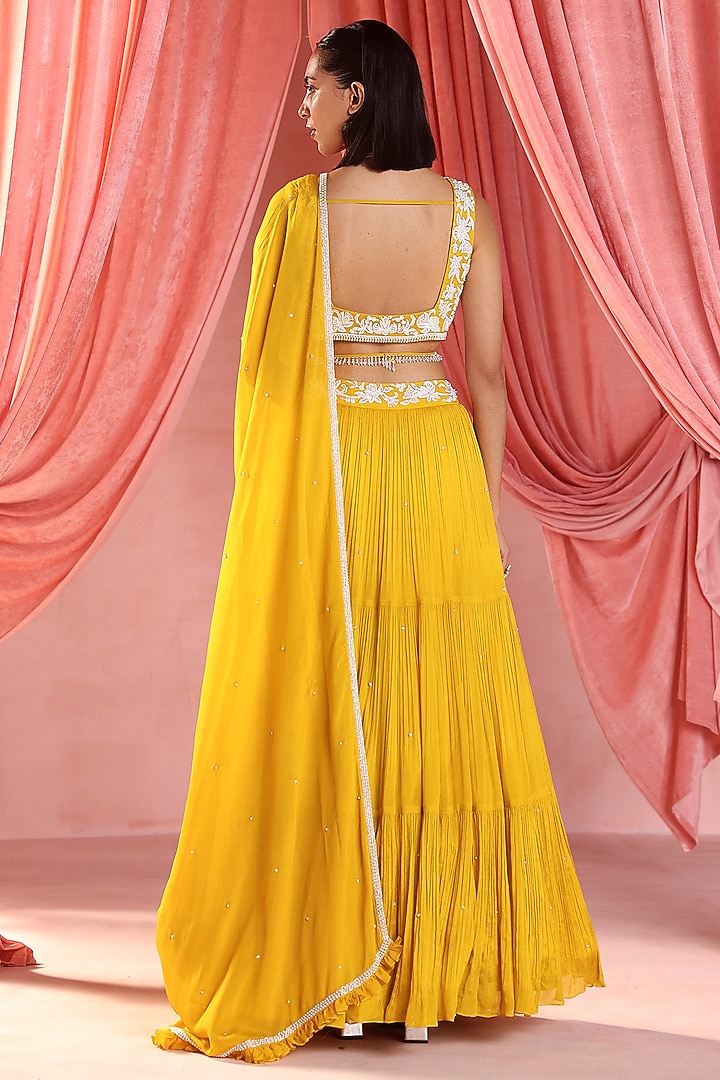 Mustard Chiffon Embellished Tiered Wedding Lehenga Set by Seema Thukral at Pernia's Pop Up Shop