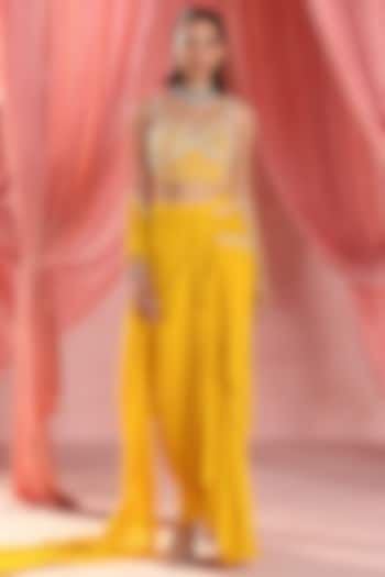 Mustard Georgette Embellished Draped Skirt Set by Seema Thukral at Pernia's Pop Up Shop