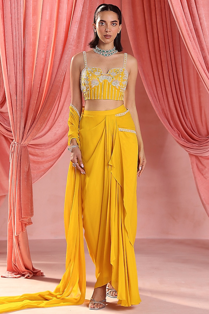 Mustard Georgette Embellished Draped Skirt Set by Seema Thukral at Pernia's Pop Up Shop